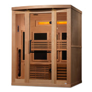 Golden Designs Reserve Edition 3-Person Full Spectrum PureTech™ Near Zero EMF FAR Infrared Sauna with Himalayan Salt Bar, featuring glass doors and Canadian Hemlock wood.