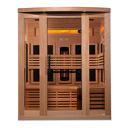 Golden Designs Reserve Edition 3-Person Full Spectrum Infrared Sauna with glass doors and Himalayan Salt Bar, made of Canadian Hemlock.