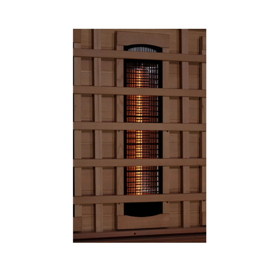 Close-up of the Golden Designs Reserve Edition 3-Person Full Spectrum PureTech™ Near Zero EMF FAR Infrared Sauna with Himalayan Salt Bar (Canadian Hemlock).