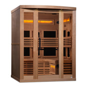 Golden Designs Reserve Edition 3-Person Full Spectrum Infrared Sauna with glass doors, wooden construction, and Himalayan Salt Bars inside.