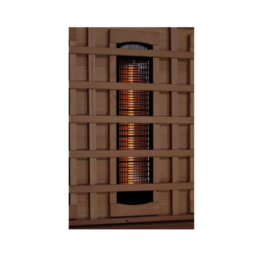 Golden Designs Reserve Edition 6-Person Full Spectrum PureTech™ Near Zero EMF FAR Infrared Sauna with Himalayan Salt Bar, featuring Canadian Hemlock wood and advanced heating panels.
