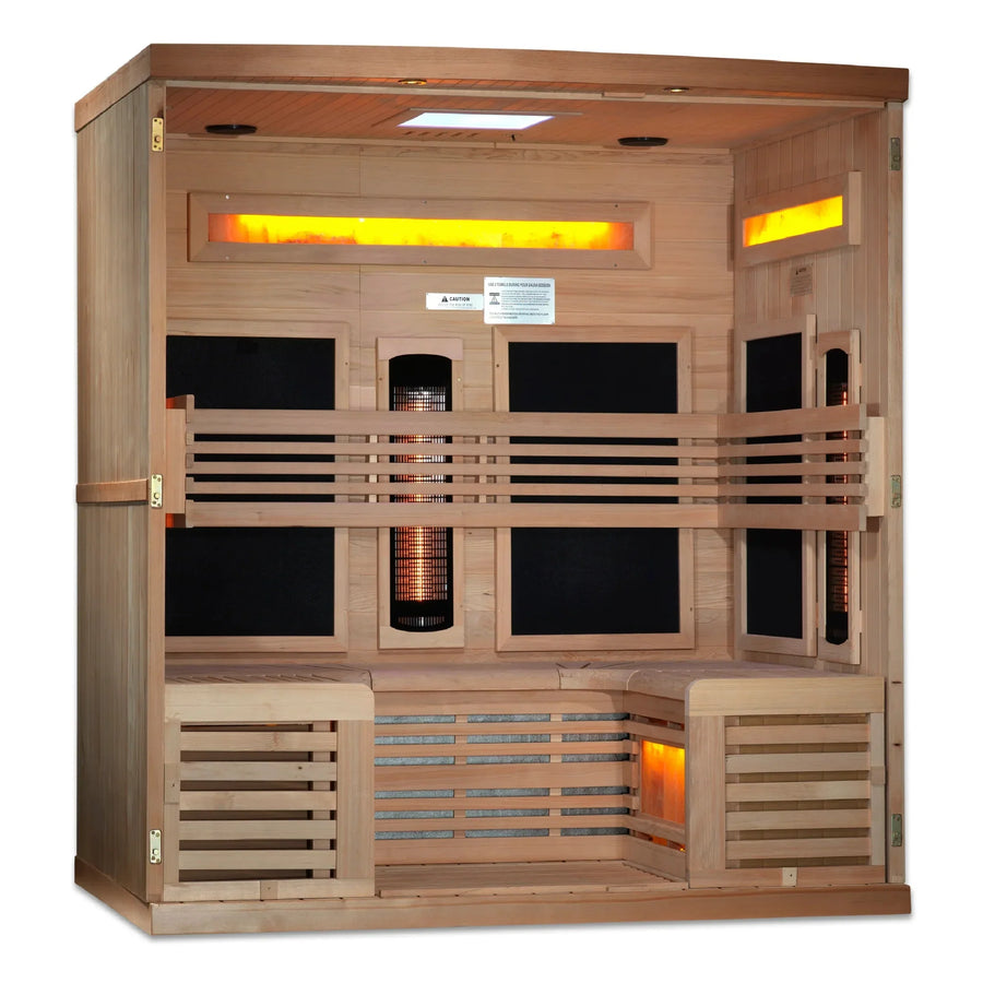 Golden Designs Reserve Edition 6-Person Full Spectrum PureTech™ Near Zero EMF FAR Infrared Sauna with Himalayan Salt Bar, featuring wooden benches and a heater.