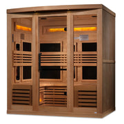 Golden Designs Reserve Edition 6-Person Full Spectrum PureTech™ Near Zero EMF FAR Infrared Sauna with glass doors, Himalayan salt bars, and Canadian Hemlock construction.