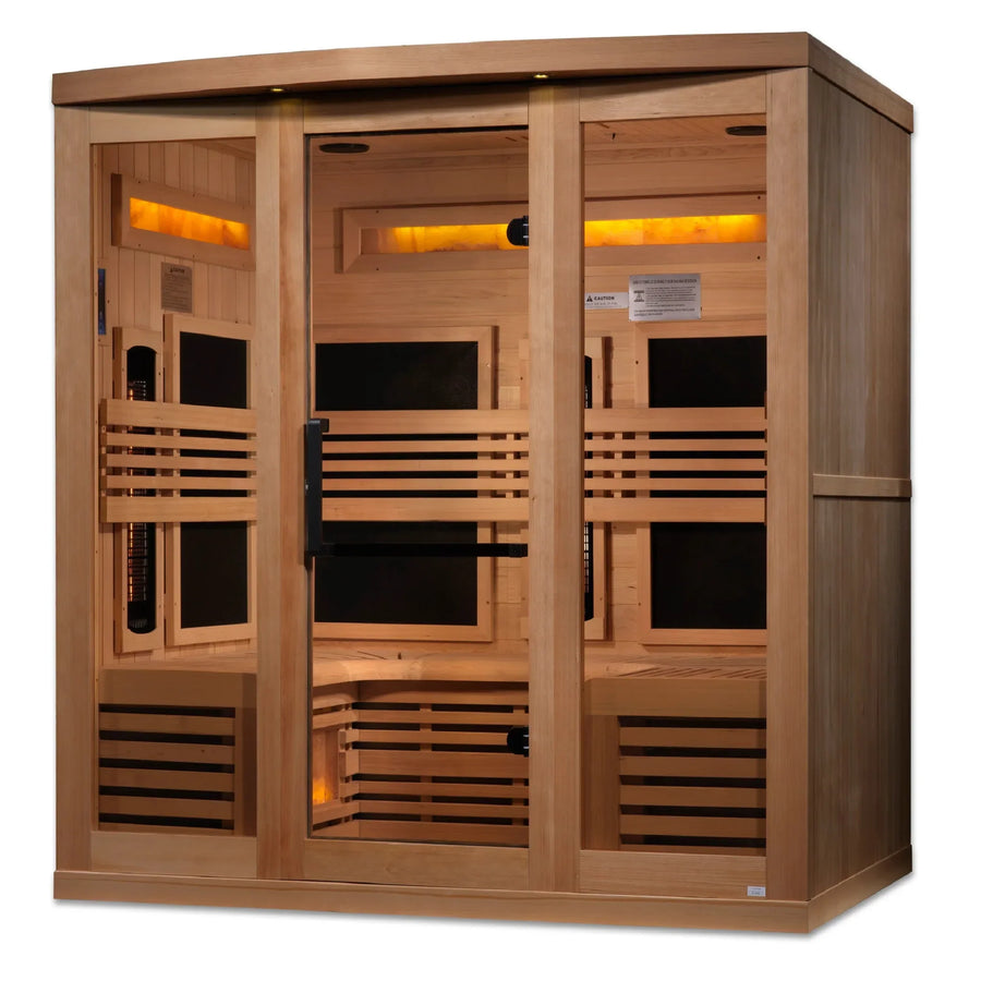 Golden Designs Reserve Edition 6-Person Full Spectrum PureTech™ Near Zero EMF FAR Infrared Sauna with glass doors, Himalayan salt bars, and Canadian Hemlock construction.