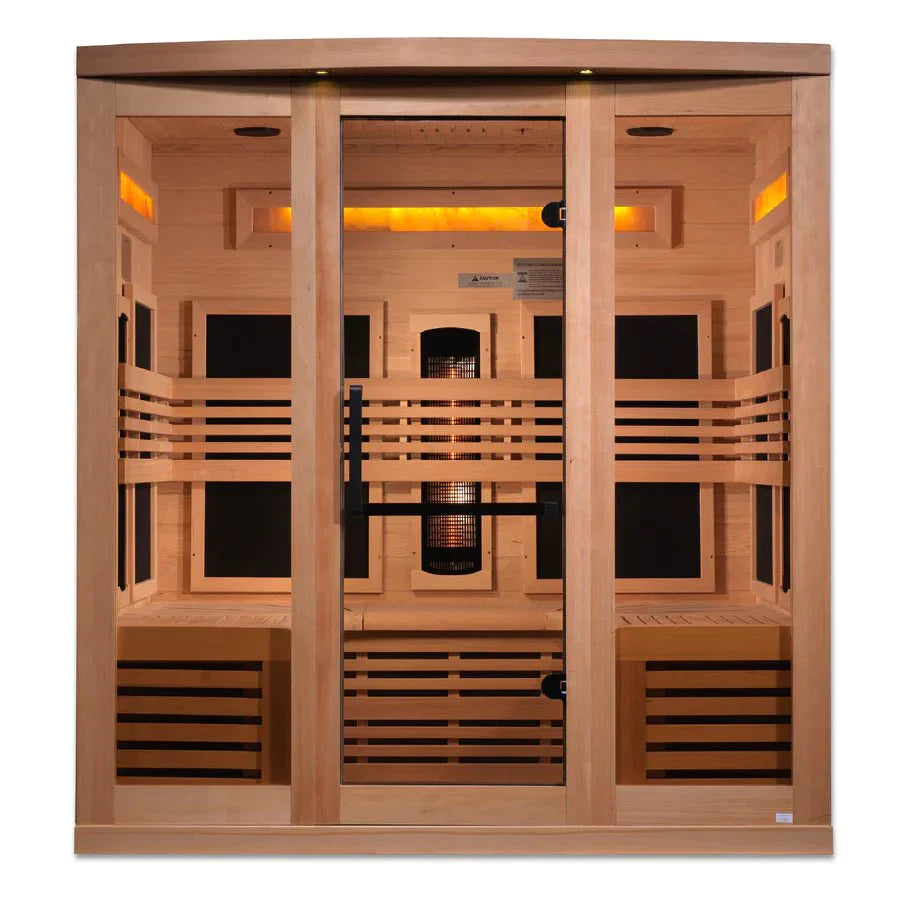Golden Designs Reserve Edition 6-Person Full Spectrum PureTech™ Near Zero EMF FAR Infrared Sauna with Himalayan Salt Bar, featuring glass doors and Canadian Hemlock wood.