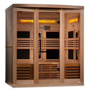 Golden Designs Reserve Edition 6-Person Full Spectrum PureTech™ Near Zero EMF FAR Infrared Sauna with glass doors and Canadian Hemlock construction, featuring Himalayan Salt Bars.