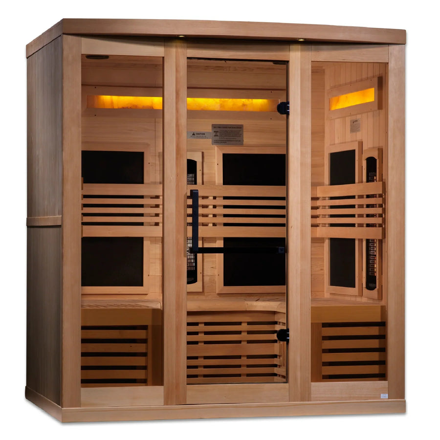 Golden Designs Reserve Edition 6-Person Full Spectrum PureTech™ Near Zero EMF FAR Infrared Sauna with glass doors and Canadian Hemlock construction, featuring Himalayan Salt Bars.