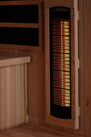Golden Designs 2025 Reserve Edition GDI-8030-03 Full Spectrum Sauna with Himalayan Salt Bar in a wooden room, featuring advanced heating panels and natural Hemlock wood construction.