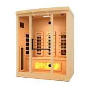 Golden Designs 2025 Reserve Edition GDI-8030-03 Full Spectrum Sauna with Himalayan Salt Bar featuring Canadian Hemlock wood and a glass door.