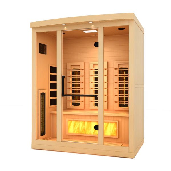 Golden Designs 2025 Reserve Edition GDI-8030-03 Full Spectrum Sauna with Himalayan Salt Bar featuring Canadian Hemlock wood and a glass door.