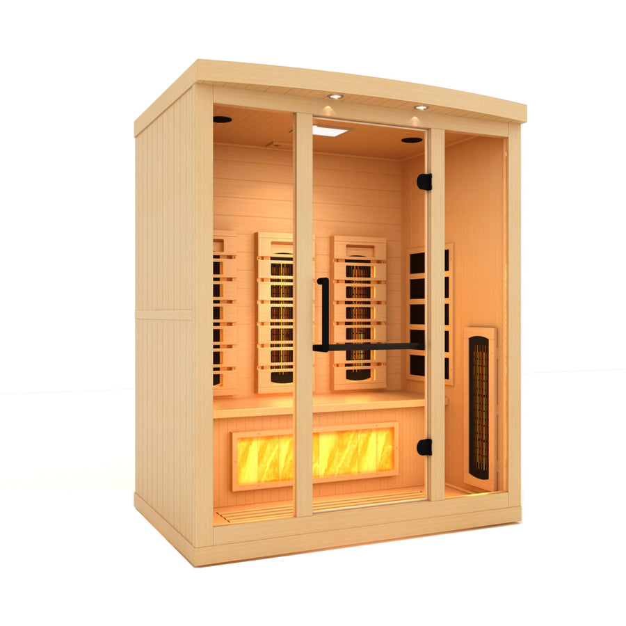 Golden Designs 2025 Reserve Edition GDI-8030-03 Full Spectrum Sauna with glass doors and Himalayan Salt Bar.