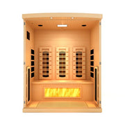 Golden Designs 2025 Reserve Edition GDI-8030-03 Full Spectrum Sauna with Himalayan Salt Bar, featuring wooden interior with shelves and ambient lighting.