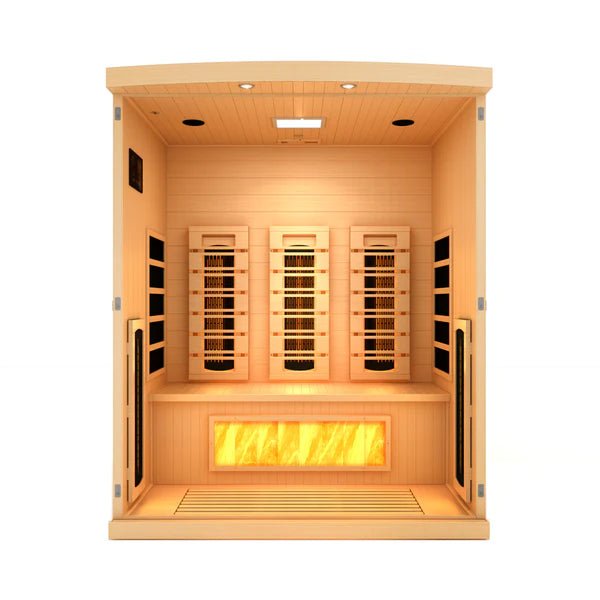 Golden Designs 2025 Reserve Edition GDI-8030-03 Full Spectrum Sauna with Himalayan Salt Bar, featuring wooden interior with shelves and ambient lighting.