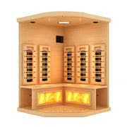 Golden Designs 2025 Reserve Edition Full Spectrum Corner Sauna with Himalayan Salt Bar, featuring wooden construction, interior lighting, and touch screen control panel.