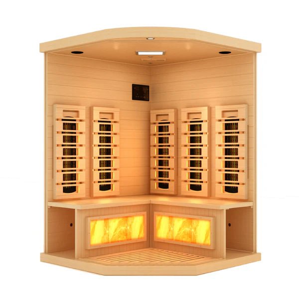 Golden Designs 2025 Reserve Edition Full Spectrum Corner Sauna with Himalayan Salt Bar, featuring wooden construction, interior lighting, and touch screen control panel.
