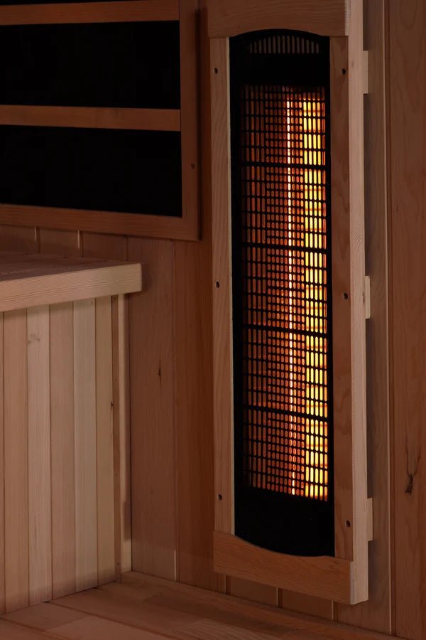 Golden Designs 2025 Reserve Edition GDI-8035-03 Full Spectrum Corner Sauna with Himalayan Salt Bar in a wooden room.