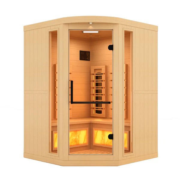 Golden Designs 2025 Reserve Edition GDI-8035-03 Full Spectrum Corner Sauna with glass door and Himalayan Salt Bar.