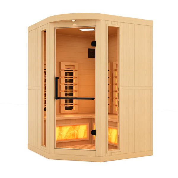 Golden Designs Reserve Edition GDI-8035-03 Full Spectrum Corner Sauna with Himalayan Salt Bar, featuring a wooden construction and glass door.