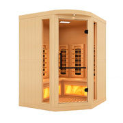 Golden Designs Reserve Edition GDI-8035-03 Full Spectrum Corner Sauna with Himalayan Salt Bar, featuring a glass door and Canadian Hemlock wood construction.