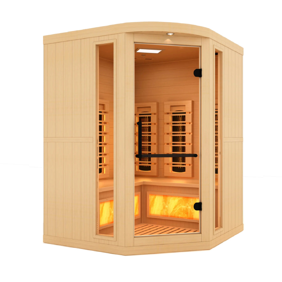 Golden Designs Reserve Edition GDI-8035-03 Full Spectrum Corner Sauna with Himalayan Salt Bar, featuring a glass door and Canadian Hemlock wood construction.