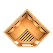 Golden Designs Reserve Edition GDI-8035-03 Full Spectrum Corner Sauna with Himalayan Salt Bar in a wooden square room, featuring lighting fixtures and a ceiling vent.
