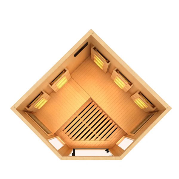 Golden Designs Reserve Edition GDI-8035-03 Full Spectrum Corner Sauna with Himalayan Salt Bar in a wooden square room, featuring lighting fixtures and a ceiling vent.