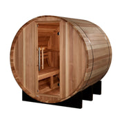 Golden Designs St. Moritz 2 Person Barrel Traditional Sauna - Pacific Cedar, showcasing an open wooden barrel door and interior bench in a home spa setting.