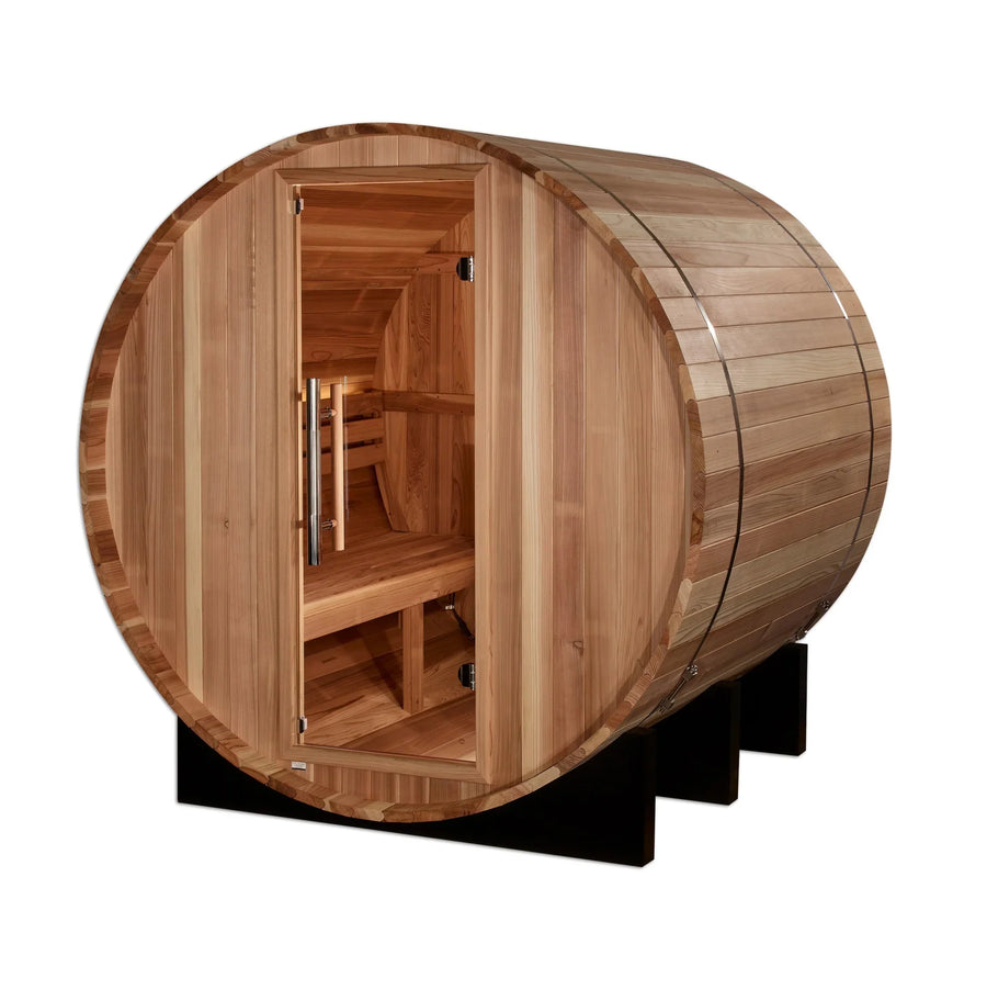 Golden Designs St. Moritz 2 Person Barrel Traditional Sauna - Pacific Cedar, showcasing an open wooden barrel door and interior bench in a home spa setting.