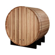 Golden Designs St. Moritz 2 Person Barrel Traditional Sauna - Pacific Cedar on a wooden stand, showcasing its compact, efficient design for outdoor use.