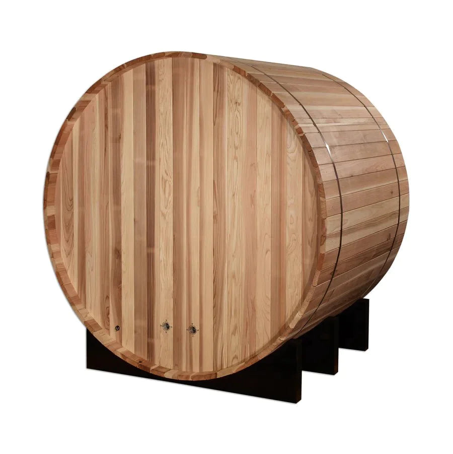 Golden Designs St. Moritz 2 Person Barrel Traditional Sauna - Pacific Cedar on a wooden stand, showcasing its compact, efficient design for outdoor use.