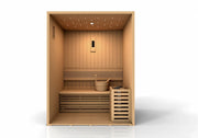 Golden Designs Sundsvall Edition 2 Person Traditional Steam Sauna made of Canadian red cedar, featuring a wooden bucket and bench inside.