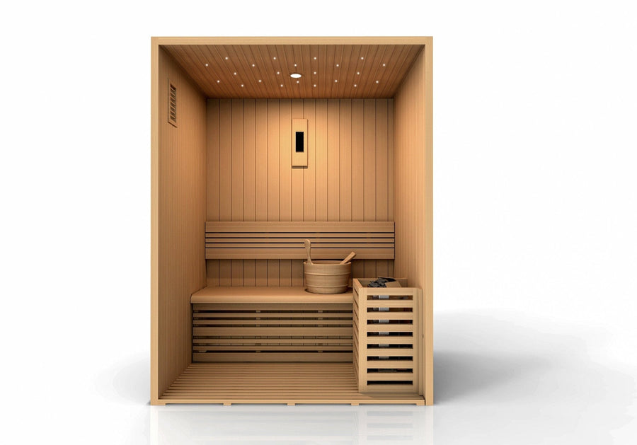 Golden Designs Sundsvall Edition 2 Person Traditional Steam Sauna made of Canadian red cedar, featuring a wooden bucket and bench inside.