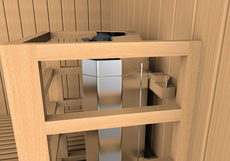 Golden Designs Sundsvall Edition 2 Person Traditional Steam Sauna in Canadian Red Cedar, featuring a metal sauna stove, in a wooden interior setting.