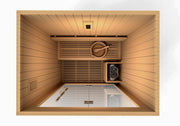 Golden Designs Sundsvall Edition 2 Person Traditional Steam Sauna - Canadian Red Cedar with interior accessories including bucket, scoop, and touch screen control panel.