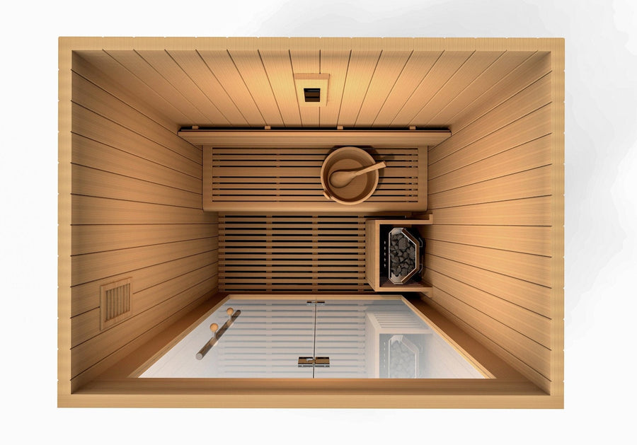 Golden Designs Sundsvall Edition 2 Person Traditional Steam Sauna - Canadian Red Cedar with interior accessories including bucket, scoop, and touch screen control panel.