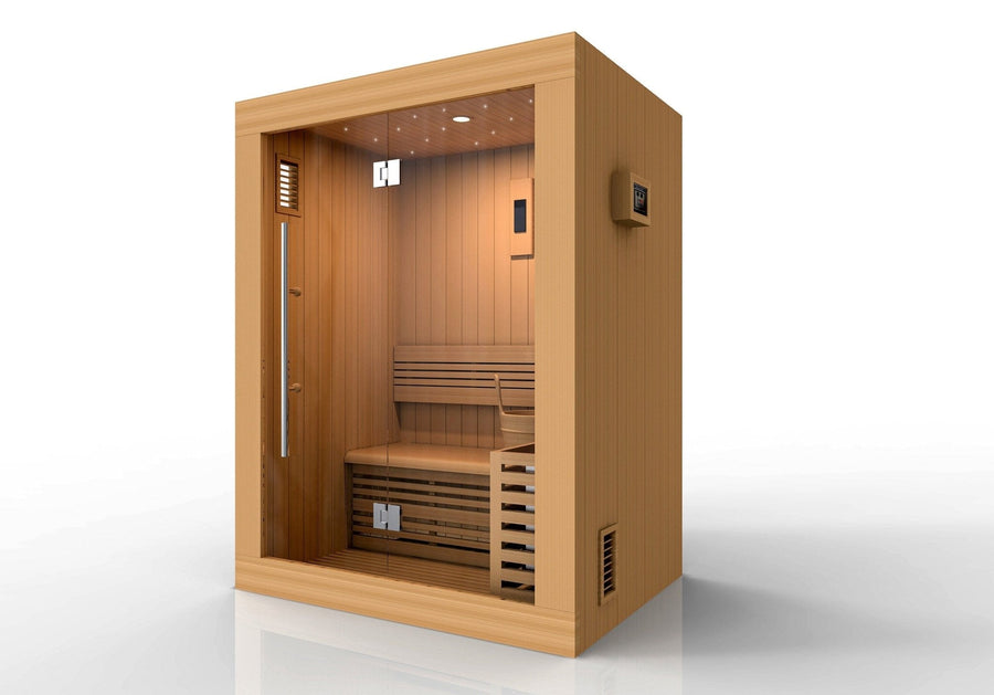 Golden Designs Sundsvall Edition 2 Person Traditional Steam Sauna with glass door, bench, and light fixture made from Canadian Red Cedar.
