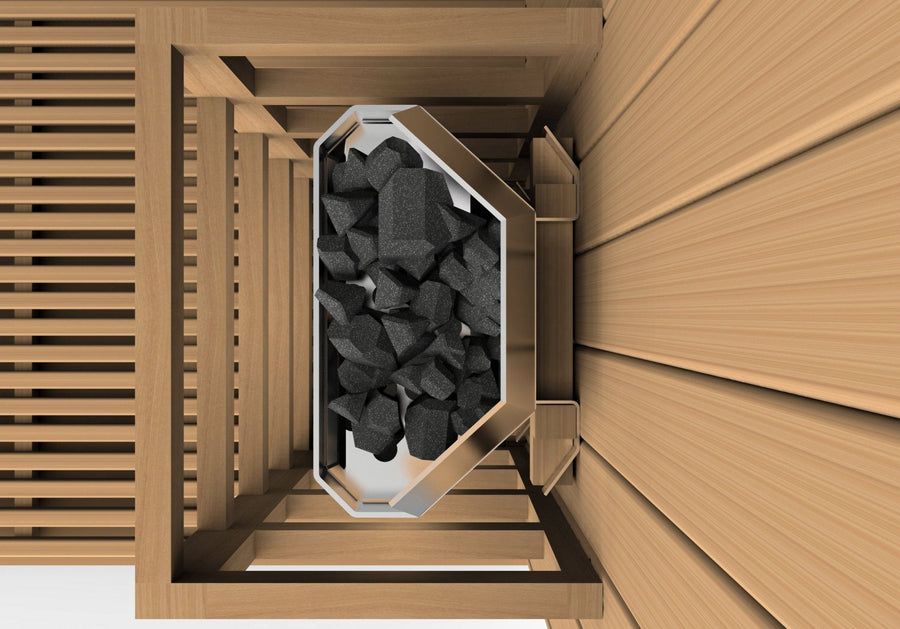 Golden Designs Sundsvall Edition 2 Person Traditional Steam Sauna in Canadian Red Cedar, featuring a bucket of coals inside the wooden sauna.