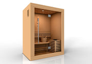 Golden Designs Sundsvall Edition 2 Person Traditional Steam Sauna in Canadian Red Cedar, featuring a wooden interior with a bucket and scoop.