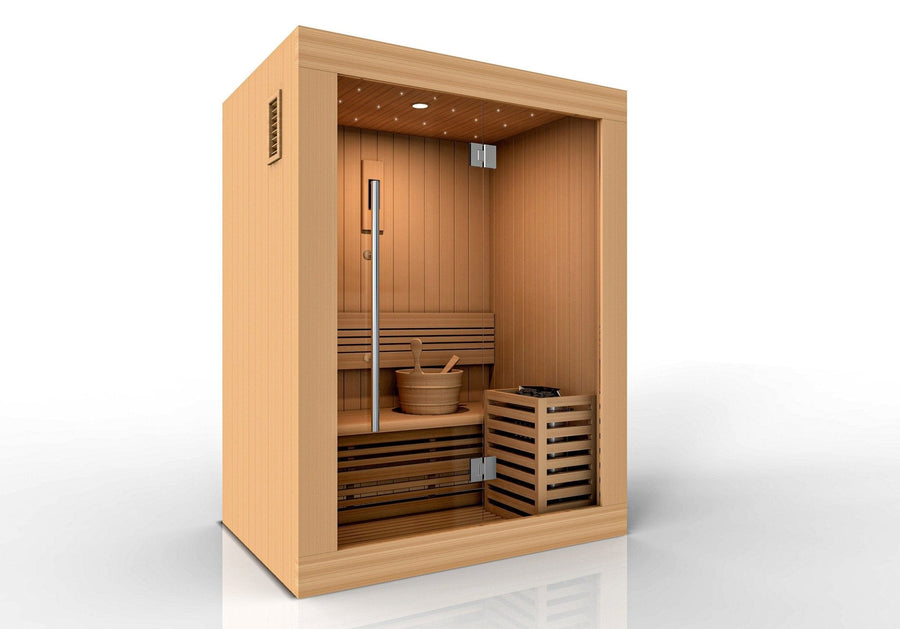 Golden Designs Sundsvall Edition 2 Person Traditional Steam Sauna in Canadian Red Cedar, featuring a wooden interior with a bucket and scoop.