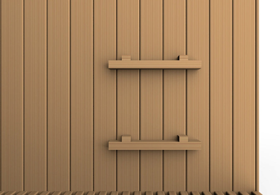 Golden Designs Sundsvall Edition 2 Person Traditional Steam Sauna made of Canadian Red Cedar, featuring two wooden shelves on the wall.