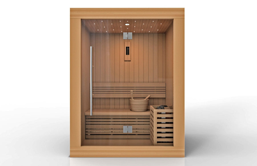 Golden Designs Sundsvall Edition 2 Person Traditional Steam Sauna in Canadian Red Cedar, featuring a bucket and scoop inside a wooden interior.