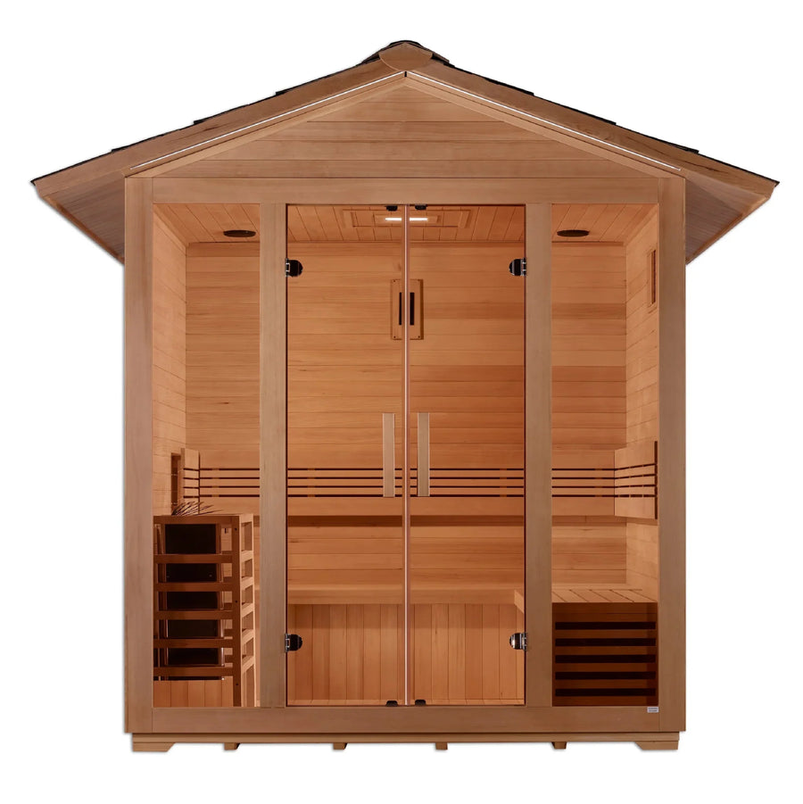 Golden Designs Vorarlberg 5 Person Traditional Outdoor Sauna with glass doors and Canadian Hemlock exterior, featuring chromotherapy lighting, touch screen control panel, and built-in speakers.