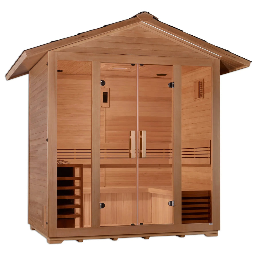 Golden Designs Vorarlberg 5 Person Traditional Outdoor Sauna with glass doors and interior chromotherapy lighting, made from Canadian Hemlock. Features touch screen control, Bluetooth, and built-in speakers.