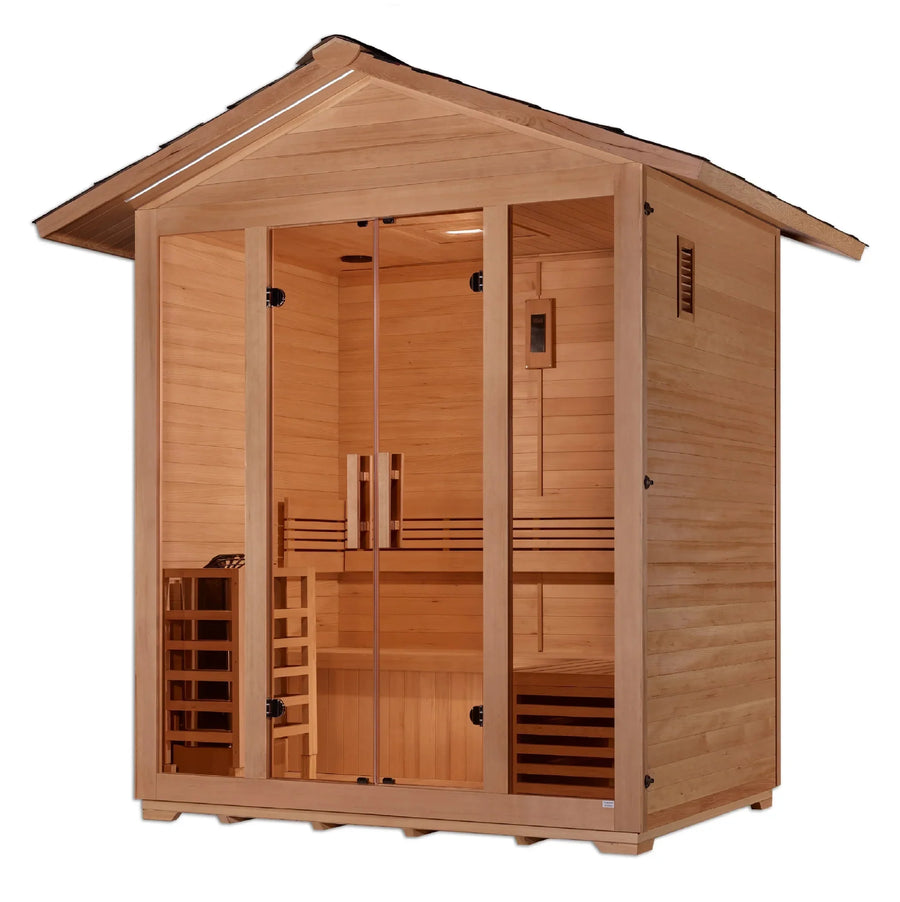 Golden Designs Vorarlberg 5 Person Traditional Outdoor Sauna - Canadian Hemlock, features glass doors, chromotherapy lighting, and a Harvia 8KW stove.