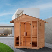 Golden Designs Vorarlberg 5 Person Traditional Outdoor Sauna - Canadian Hemlock, situated in front of a house, featuring a glass door and wooden structure.