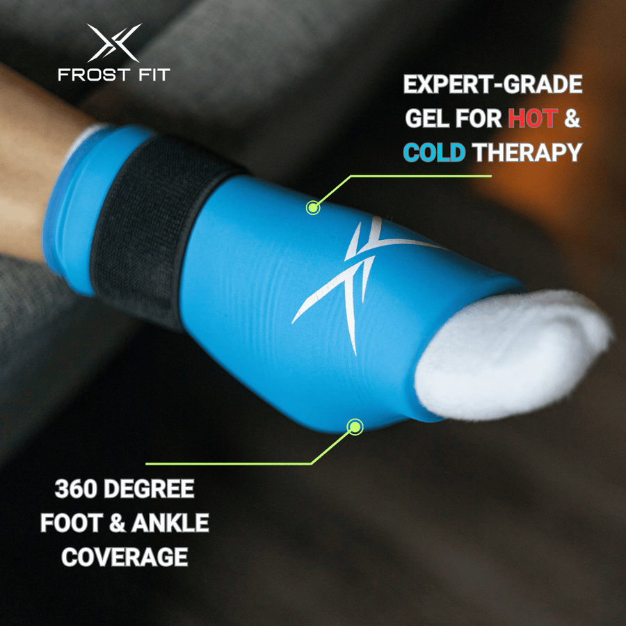 A person wears the Icebound Essentials Frost Fit Ankle Ice Sleeve on their foot and ankle, showcasing expert-grade gel for hot/cold therapy and 360° coverage designed to deliver effective foot pain relief.
