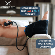 A person relaxes with their foot on a couch, wearing the Icebound Essentials Frost Fit Compression Ankle wrap—an air compression wrap with hot/cold treatment and 360° foot & ankle coverage for effective recovery.