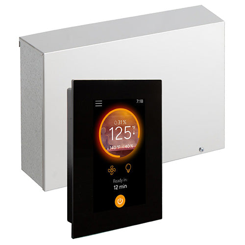 The Harvia Fenix FX30C WiFi Sauna Control is a digital thermostat with a touchscreen display for temperature and timer, positioned in front of its rectangular metal control unit, compatible with remote sauna control.