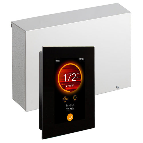 The Harvia Fenix FX30 WiFi Sauna Control features a modern touch-screen panel displaying 172°F and a timer, offering advanced wireless control for convenient sauna operation.