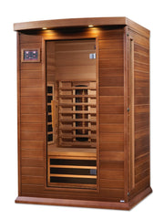 Maxxus 2 Person Full Spectrum Infrared Sauna with open door showcasing Canadian Red Cedar construction and advanced heating technology.